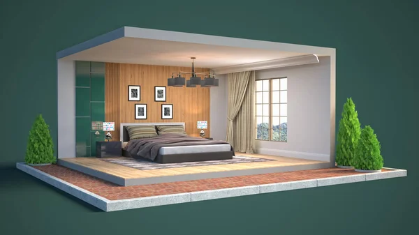 Interior of the bedroom in a box. 3D illustration