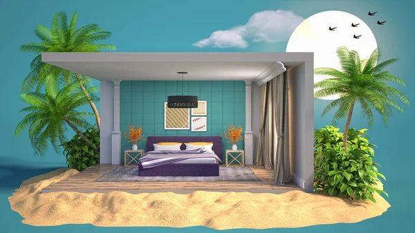 Interior of the bedroom in a box. 3D illustration