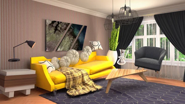 Zero Gravity Sofa hovering in living room. 3D Illustration