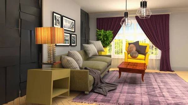 Zero Gravity Sofa hovering in living room. 3D Illustration
