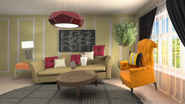 Zero Gravity Sofa hovering in living room. 3D Illustration