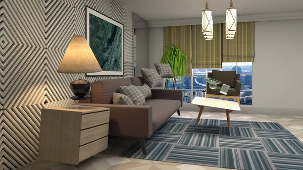 Zero Gravity Sofa hovering in living room. 3D Illustration