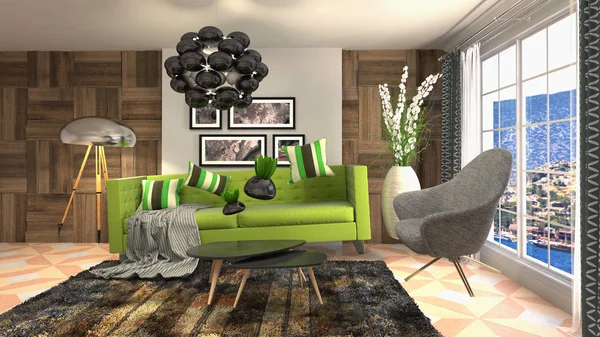 Zero Gravity Sofa hovering in living room. 3D Illustration