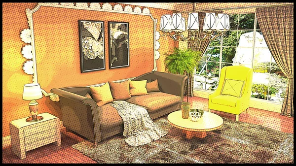 Comics interior of the living room. 3D illustration