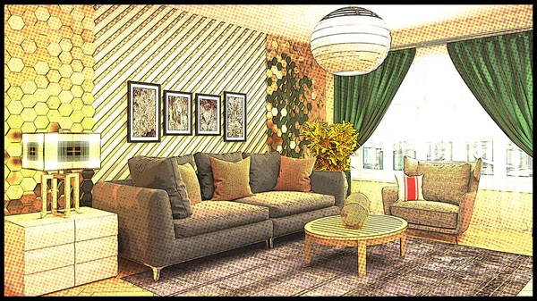 Comics interior of the living room. 3D illustration
