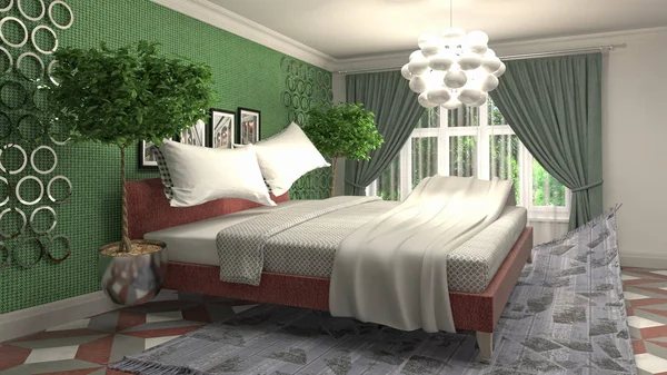 Zero gravity bed hovering in bedroom. 3D Illustration