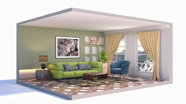 Interior of the living room in a box. 3D illustration
