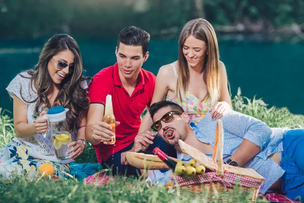 Giovani Che Fanno Picnic Vicino Fiume Nel Parco — Foto Stock