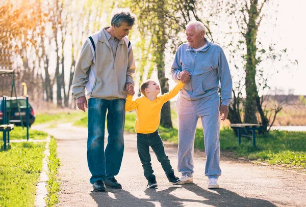 Twee Grootvader Wandelen Met Kleinzoon Het Park — Stockfoto