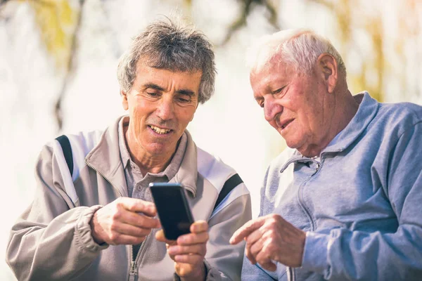 Dva Starší Muži Pomocí Chytrého Telefonu Parku — Stock fotografie