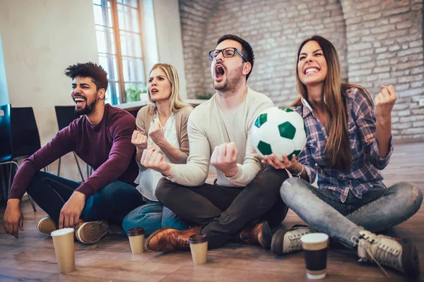 Happy Friends Football Fans Watching Soccer Celebrating Victory Friendship Sports — Stock Photo, Image