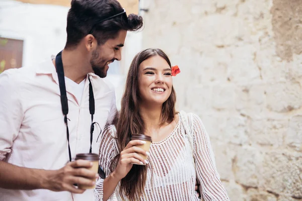 Turistas Românticos Bebendo Café Durante Férias Verão — Fotografia de Stock