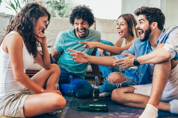Group Young Friends Playing Game Truth Home Party — Stock Photo, Image