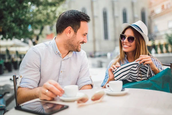 Beautiful Loving Couple Sitting Cafe Enjoying Coffee Conversation Shopping — Stock Photo, Image