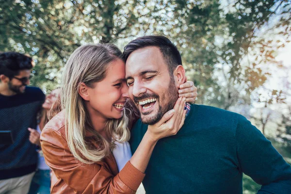 Group Young Happy People Walking Park — Stock Photo, Image