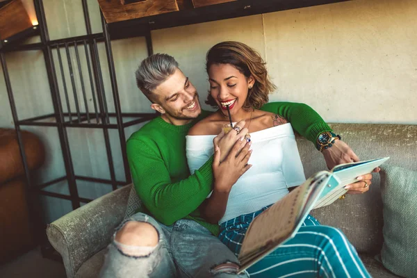 Two Happy Mixed Race Couple Having Fun Coffee Shop Couple — Stock Photo, Image