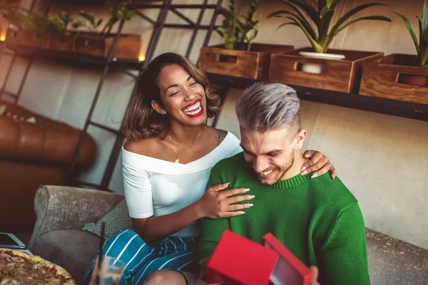 Happy Interracial Couple Sitting Cafe Bar Man Giving Gift His — Stock Photo, Image