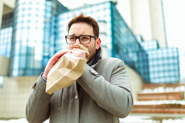 Businessman Holding Paper Bag Mouth Having Panic Attack — Stock Photo, Image