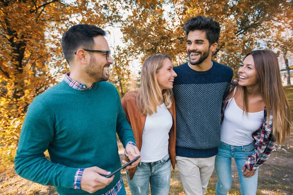 Eine Gruppe Junger Leute Geht Durch Den Park Freunde Haben — Stockfoto