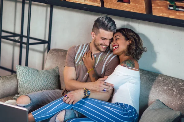 Two Happy Mixed Race Couple Having Fun Coffee Shop Couple — Stock Photo, Image