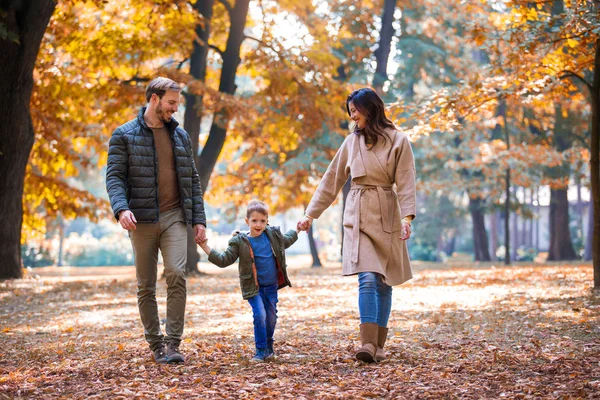 Jovem Família Caminhando Parque Outono Com Seu Filho Segurando Mão — Fotografia de Stock