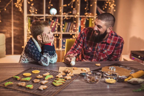 Father Son Baking Gingerbread Christmas Cookies Selective Focus — Stok Foto