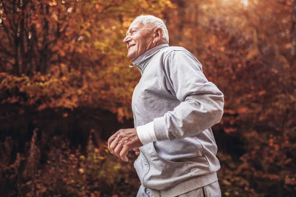 Doğanın Kıdemli Koşucusu Yaşlı Sporcu Adam Sabah Antrenmanı Sırasında Ormanda — Stok fotoğraf