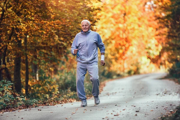 Vezető Futó Természetben Idős Sportember Fut Erdőben Reggeli Edzés Közben — Stock Fotó