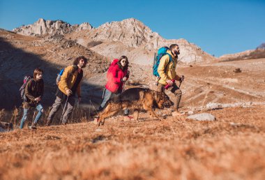 Grup bir dağda sonbahar gününde yürüyüş yürüyüşçü 