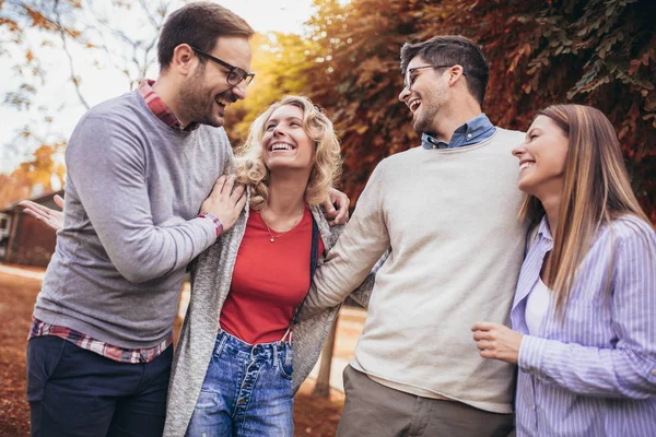 Eine Gruppe Junger Leute Geht Durch Den Park Freunde Haben — Stockfoto