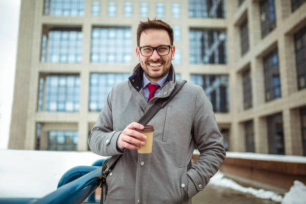 Confident Young Man Glasses Drinking Coffee Outdoors — Stock Photo, Image