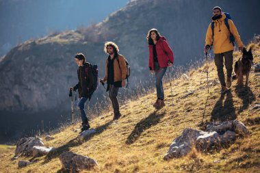 Grup bir dağda sonbahar gününde yürüyüş yürüyüşçü 