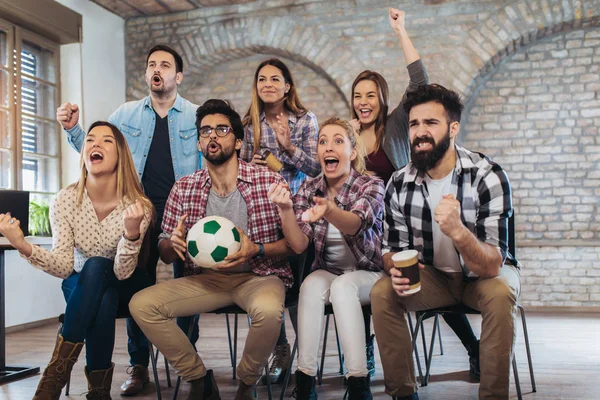 Happy Friends Football Fans Watching Soccer Celebrating Victory Friendship Sports — Stock Photo, Image