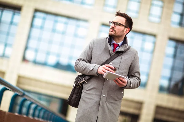 Confident Young Man Glasses Drinking Coffee Outdoors — Stock Photo, Image