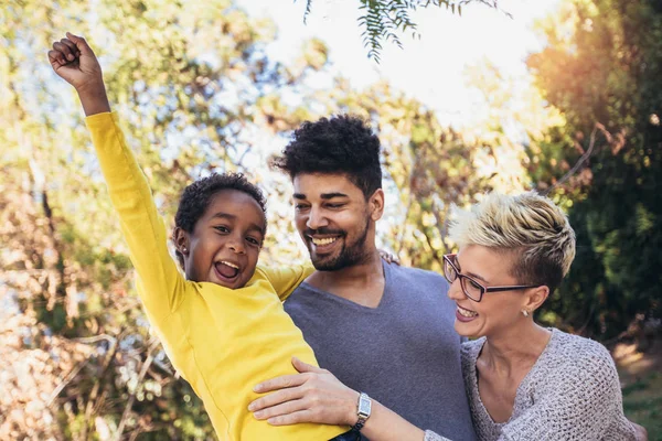 Happy Young Mixed Race Couple Spending Time Daughter Having Fun — Stock Photo, Image