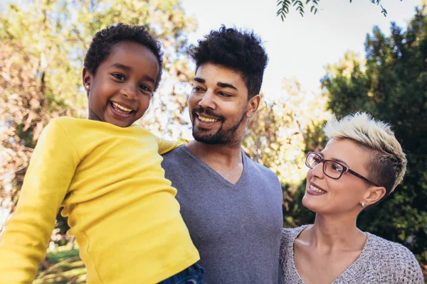 Happy Young Mixed Race Couple Spending Time Daughter Having Fun — Stock Photo, Image