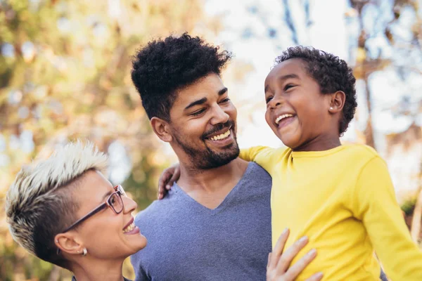 Happy Young Mixed Race Couple Spending Time Daughter Having Fun — Stock Photo, Image