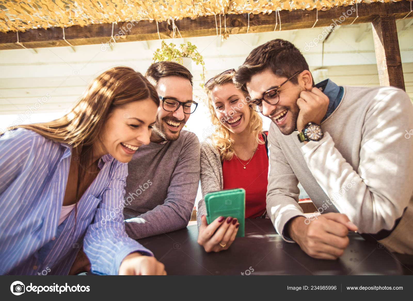 Group Four Friends Having Fun Coffee Together Two Women Two Stock ...