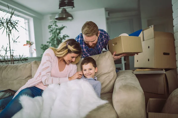 Happy Family Cardboard Boxes New House Moving Day — Stock Photo, Image