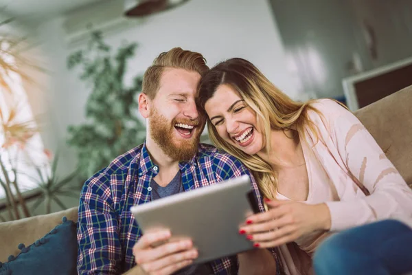 Couple Love Sitting Sofa Using Tablet Having Fun — Stock Photo, Image