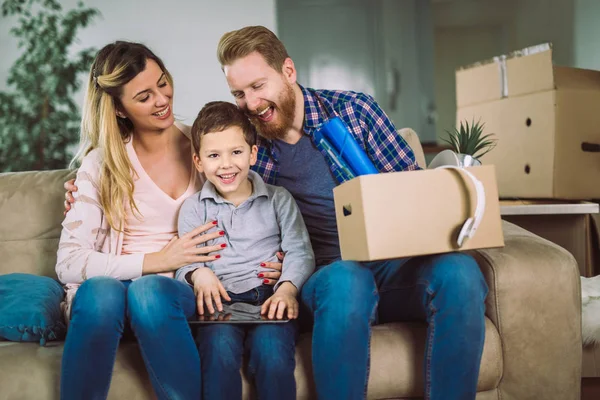 Happy Family Cardboard Boxes New House Moving Day — Stock Photo, Image