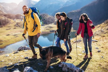 Grup bir dağda sonbahar gününde yürüyüş yürüyüşçü 