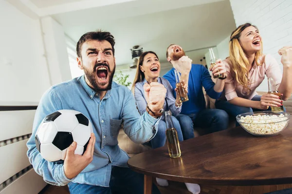 Happy Friends Football Fans Watching Soccer Celebrating Victory Home Friendship — Stock Photo, Image