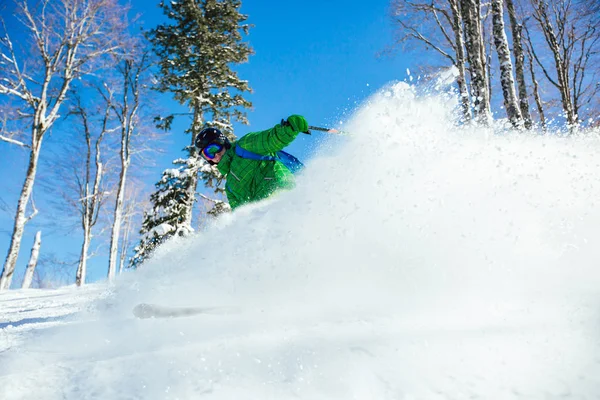 Young Athlete Freestyle Skier Having Fun While Running Downhill Beautiful — Stock Photo, Image