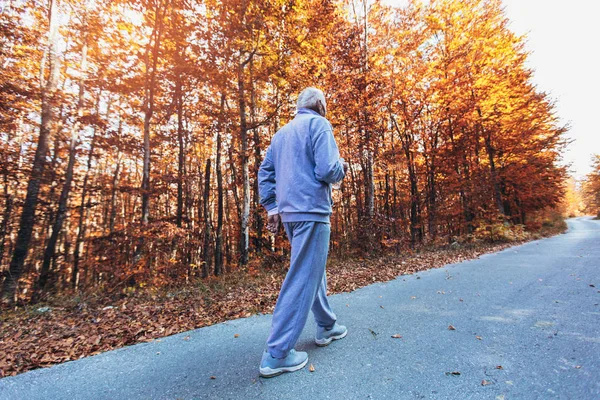Senior runner in nature. Elderly sporty man running in forest du