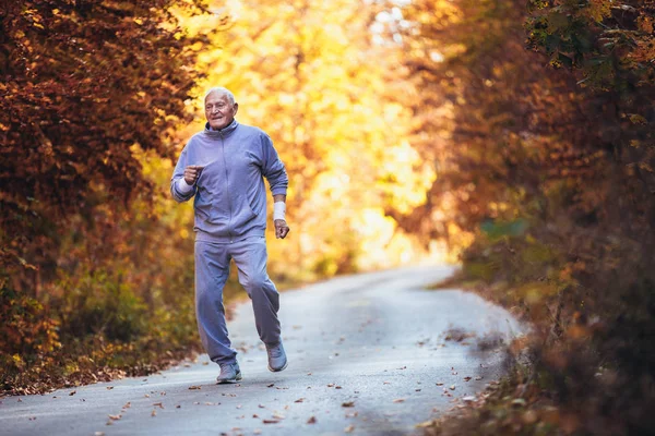Senior runner in nature. Elderly sporty man running in forest du