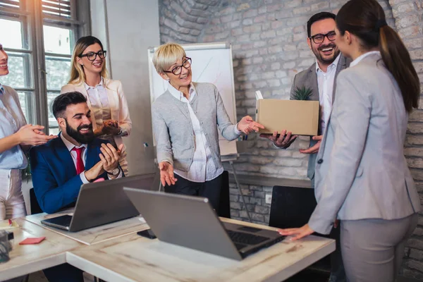 Smiling team leader executive introducing new just hired female — Stock Photo, Image