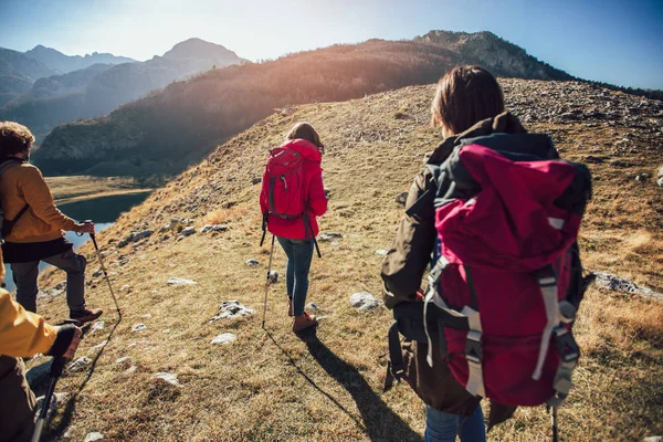 Group of hikers walking on a mountain at autumn day