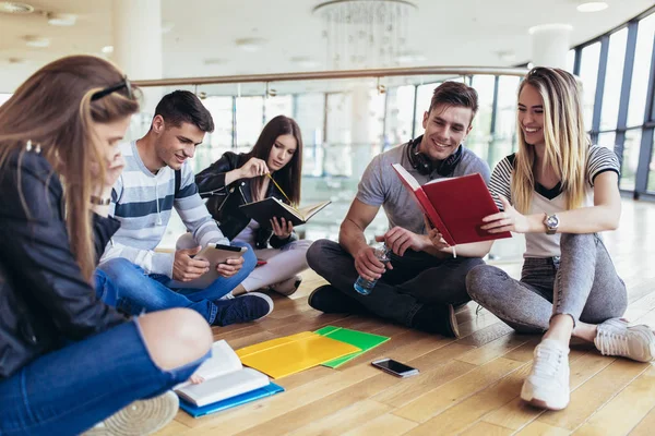 Kommilitonen sitzen auf dem Boden des Campus und bereiten sich gemeinsam auf die — Stockfoto