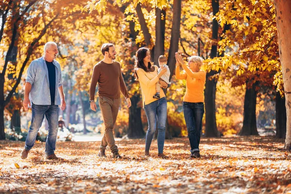Familia de generación Multl en el parque de otoño divirtiéndose — Foto de Stock